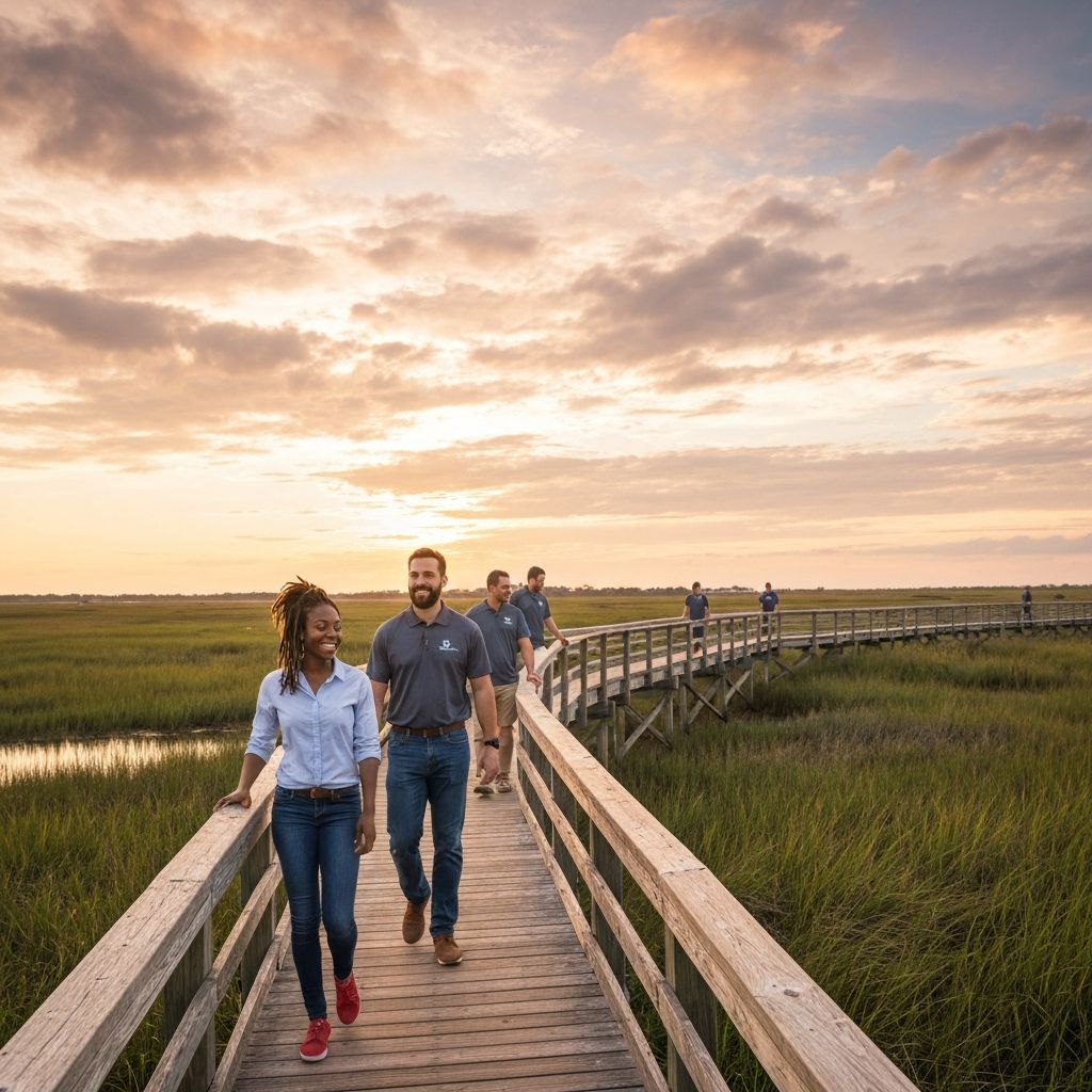 Community walking together along Oasis Boardwalk at sunset