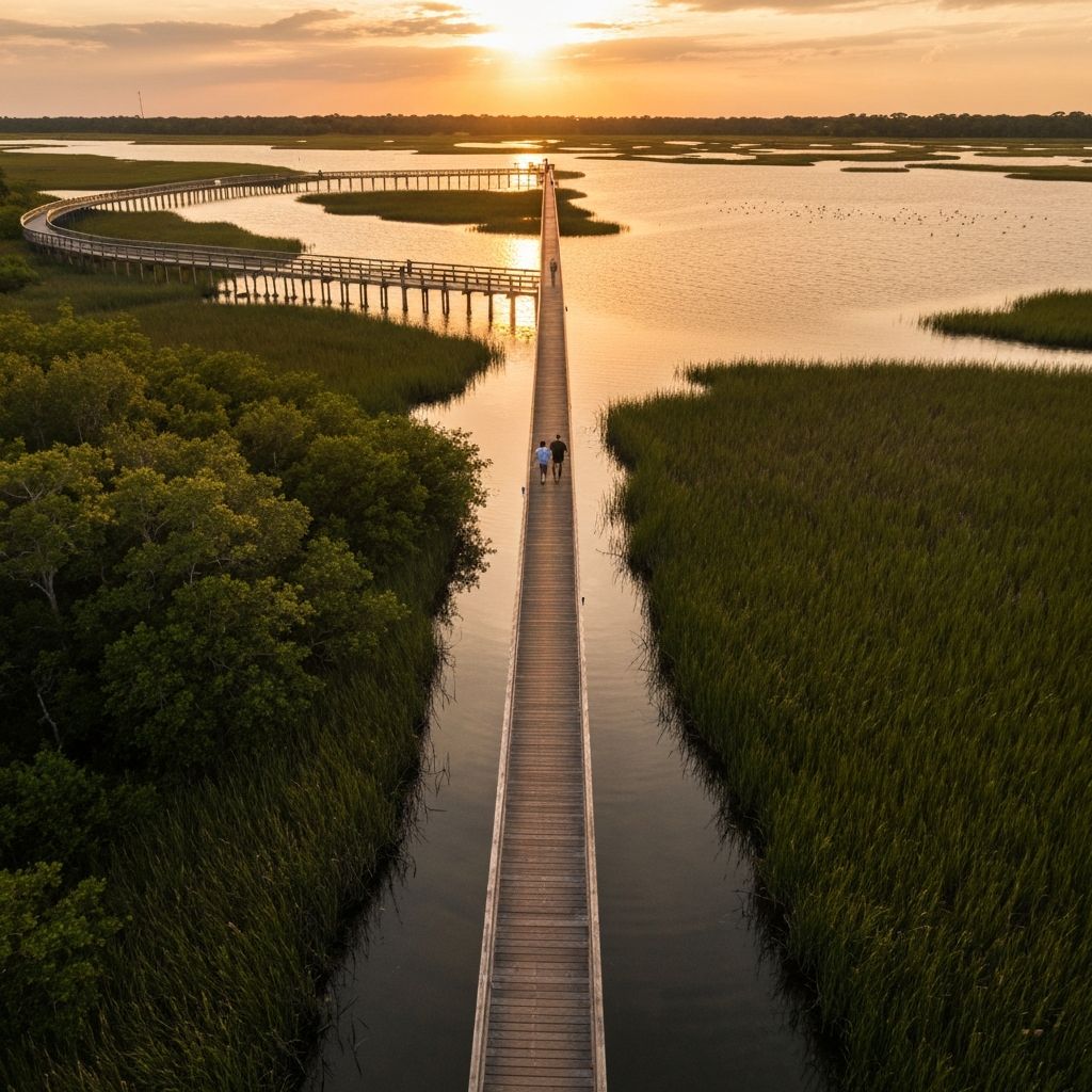 Aerial view of Oasis Boardwalk stretching across Gulf Coast marshlands at golden hour