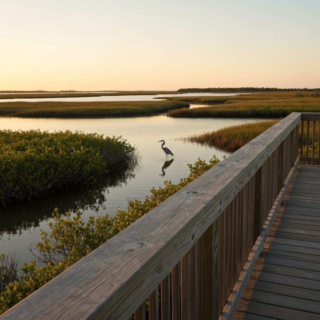 Great blue heron at a boardwalk observation deck overlooking a serene Gulf Coast bayou